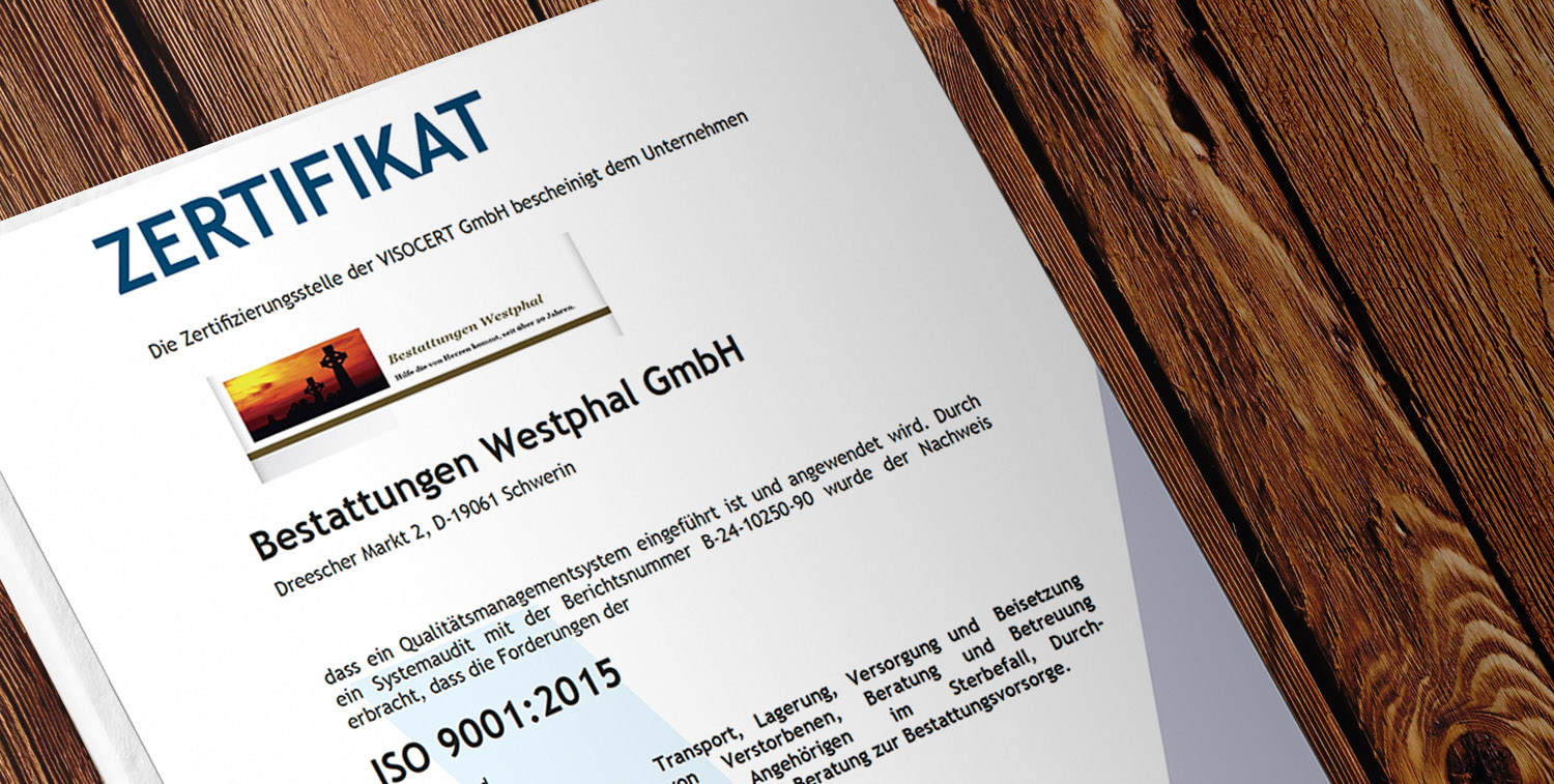 ISO 9001:2015 Zertifikat der VISOCERT GmbH für Bestattungen Westphal